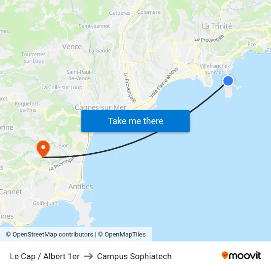 Le Cap / Albert 1er to Campus Sophiatech map