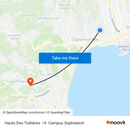 Hauts Des Tuillières to Campus Sophiatech map