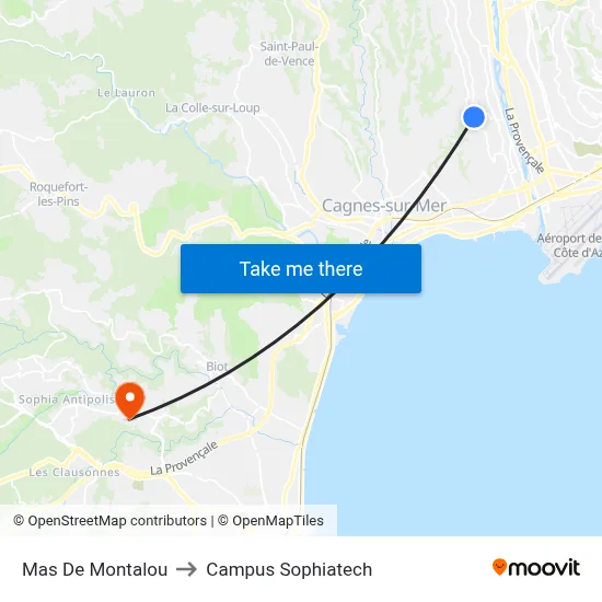 Mas De Montalou to Campus Sophiatech map