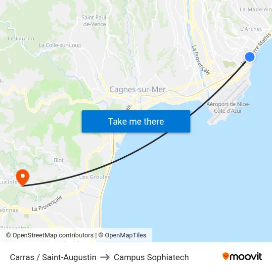 Carras / Saint-Augustin to Campus Sophiatech map