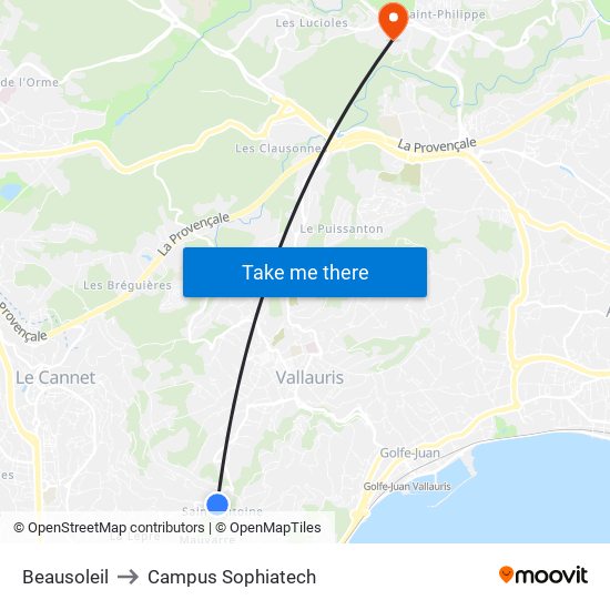 Beausoleil to Campus Sophiatech map