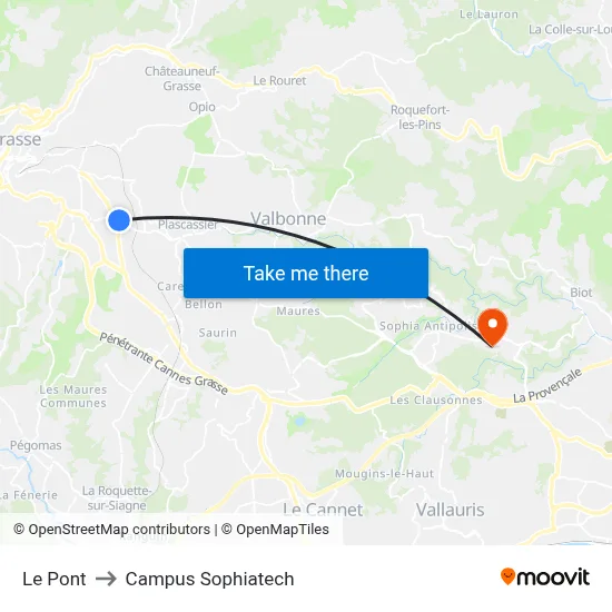 Le Pont to Campus Sophiatech map
