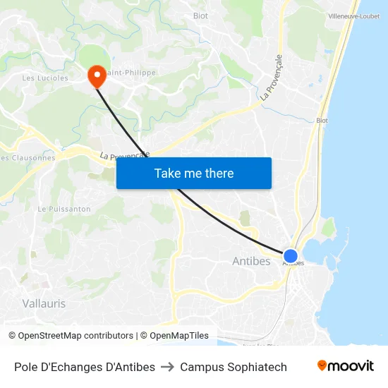 Pole D'Echanges D'Antibes to Campus Sophiatech map