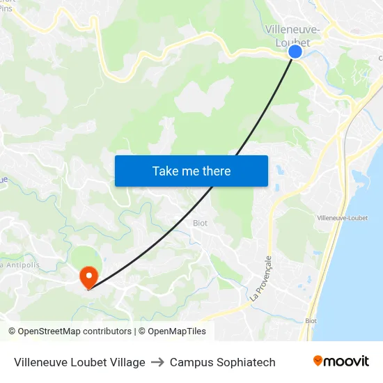 Villeneuve Loubet Village to Campus Sophiatech map