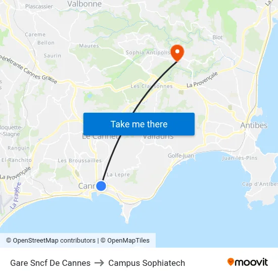 Gare Sncf De Cannes to Campus Sophiatech map