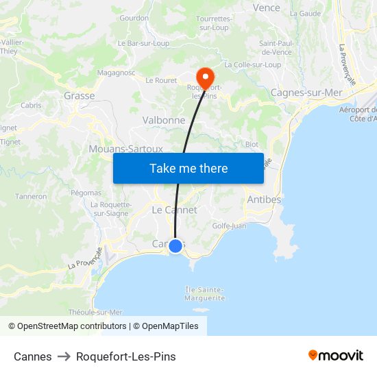 Cannes to Roquefort-Les-Pins map