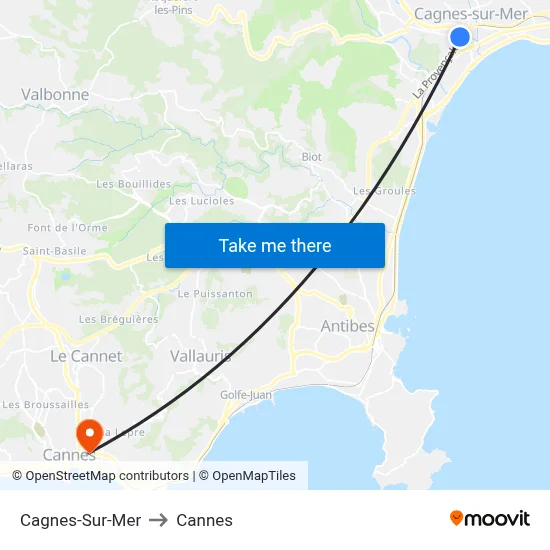 Cagnes-Sur-Mer to Cannes map