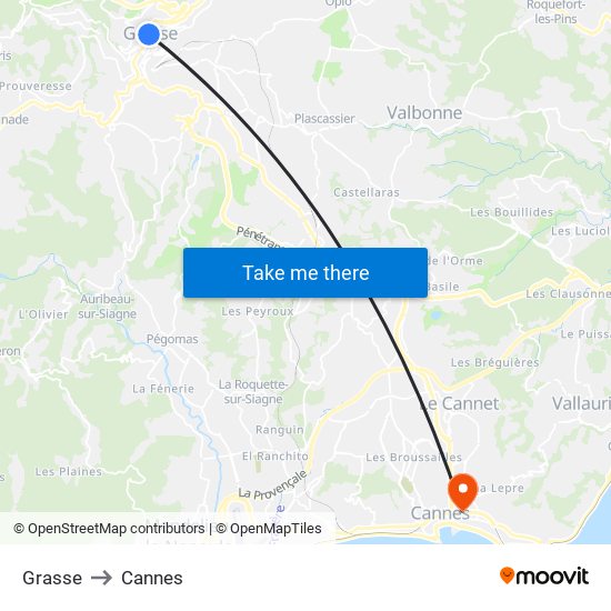 Grasse to Cannes map