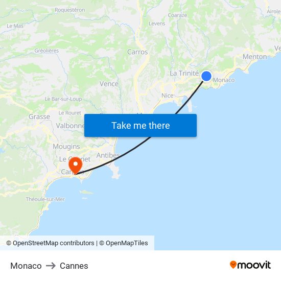 Monaco to Cannes map