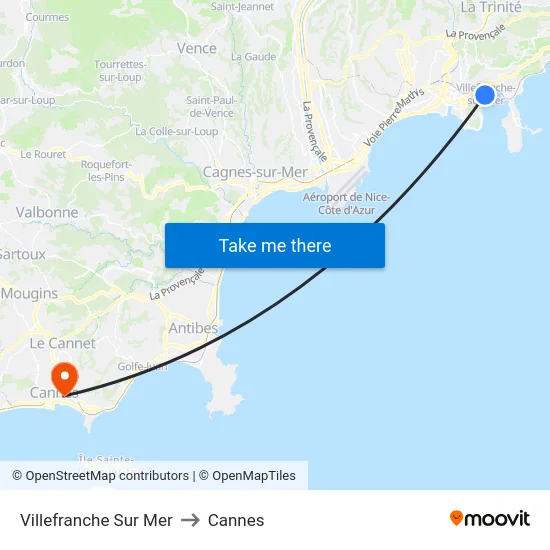 Villefranche Sur Mer to Cannes map