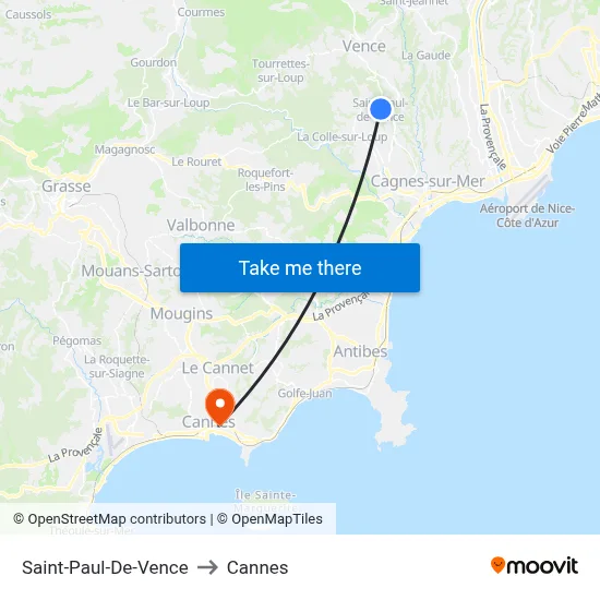 Saint-Paul-De-Vence to Cannes map