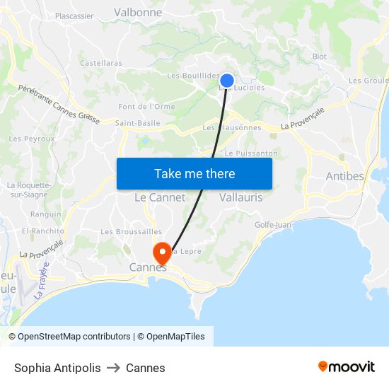 Sophia Antipolis to Cannes map