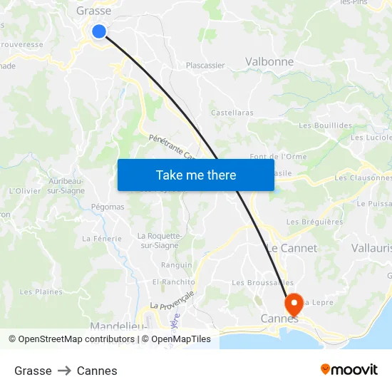 Grasse to Cannes map