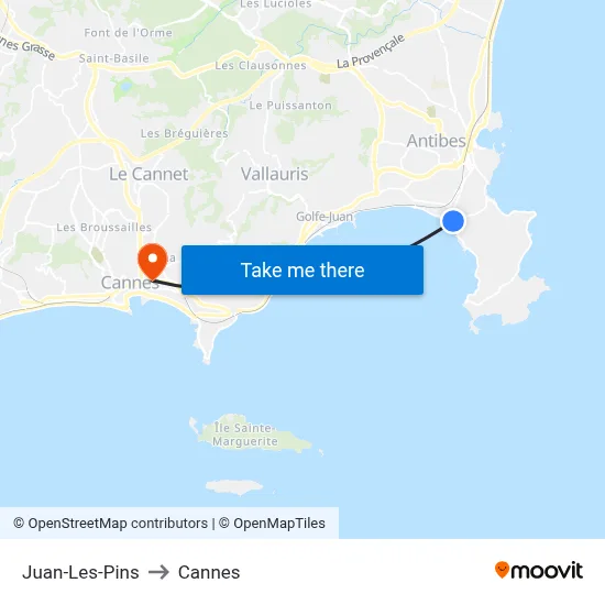 Juan-Les-Pins to Cannes map