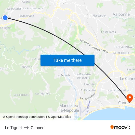 Le Tignet to Cannes map
