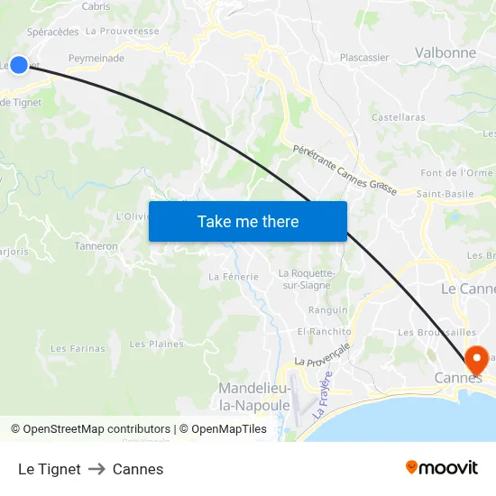 Le Tignet to Cannes map