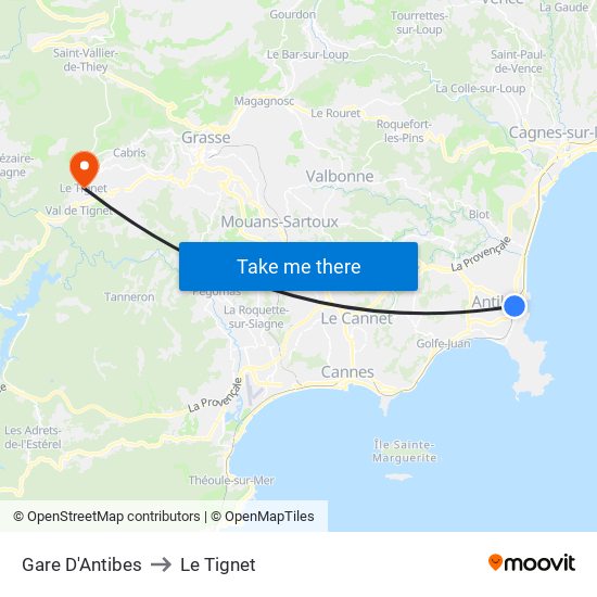 Gare D'Antibes to Le Tignet map