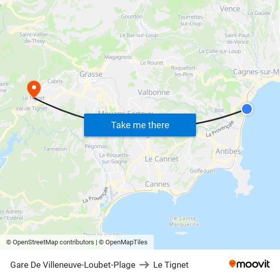 Gare De Villeneuve-Loubet-Plage to Le Tignet map