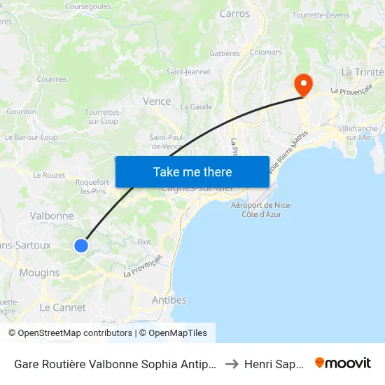 Gare Routière Valbonne Sophia Antipolis to Henri Sappia map