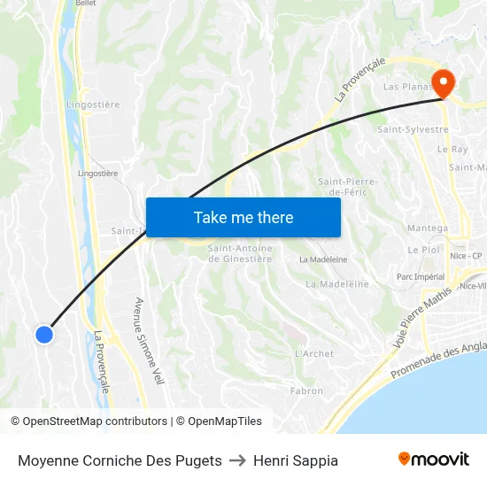Moyenne Corniche Des Pugets to Henri Sappia map