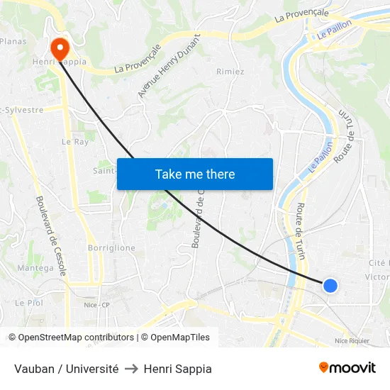 Vauban / Université to Henri Sappia map