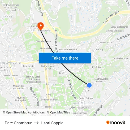 Parc Chambrun to Henri Sappia map