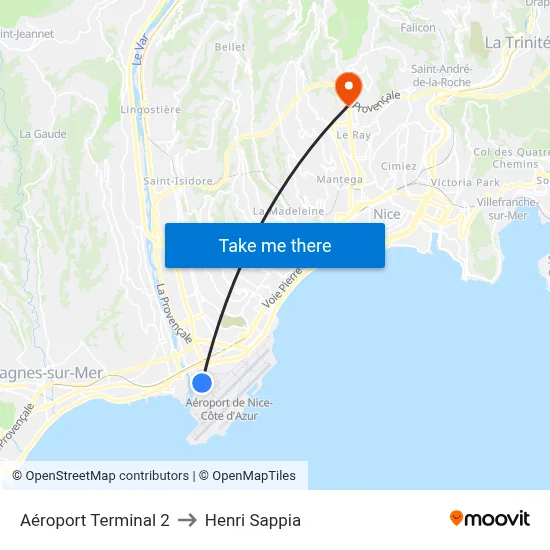 Aéroport Terminal 2 to Henri Sappia map