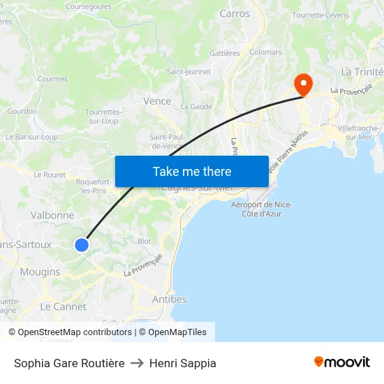 Sophia Gare Routière to Henri Sappia map