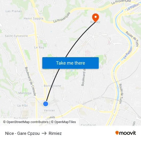 Nice - Gare Cpzou to Rimiez map