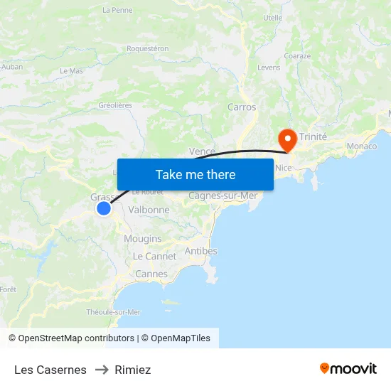 Les Casernes to Rimiez map