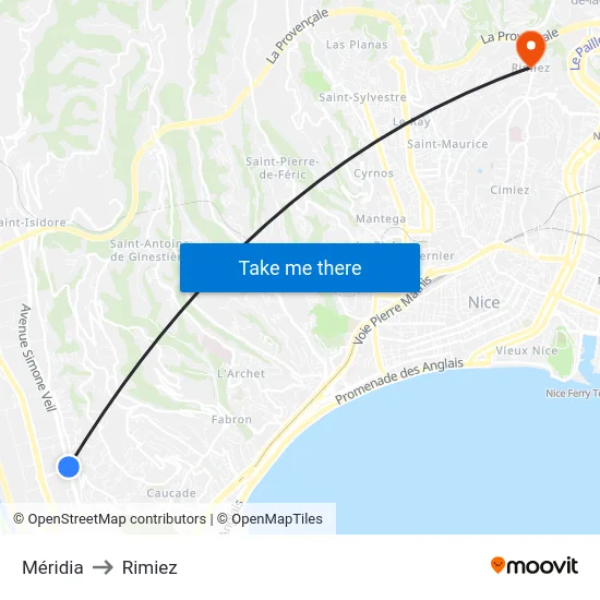 Méridia to Rimiez map