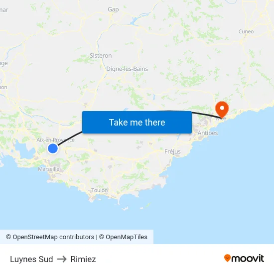 Luynes Sud to Rimiez map