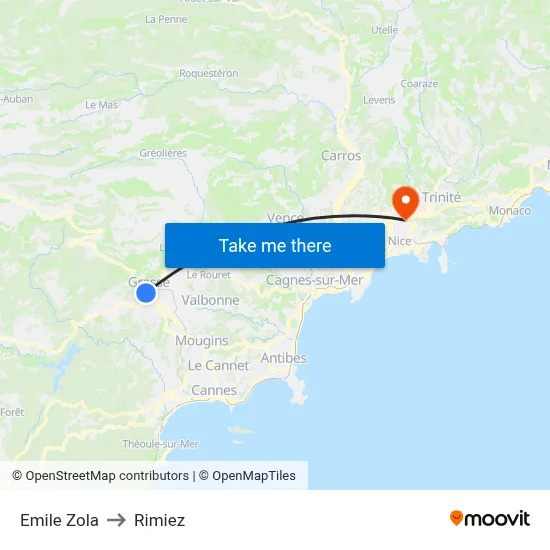 Emile Zola to Rimiez map