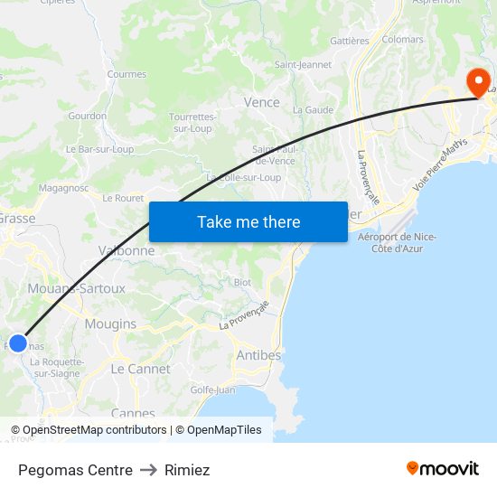 Pegomas Centre to Rimiez map