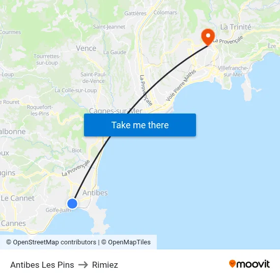 Antibes Les Pins to Rimiez map