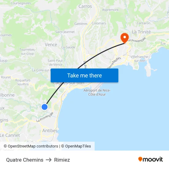 Quatre Chemins to Rimiez map