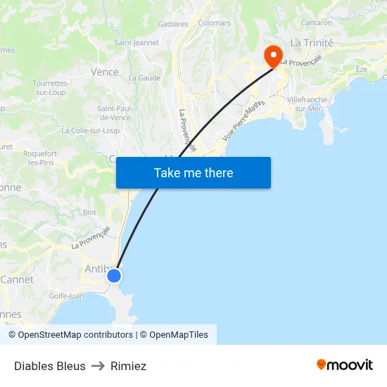 Diables Bleus to Rimiez map