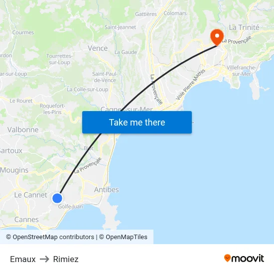 Emaux to Rimiez map