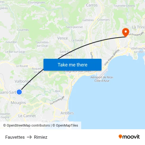 Fauvettes to Rimiez map