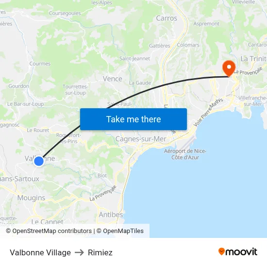 Valbonne Village to Rimiez map