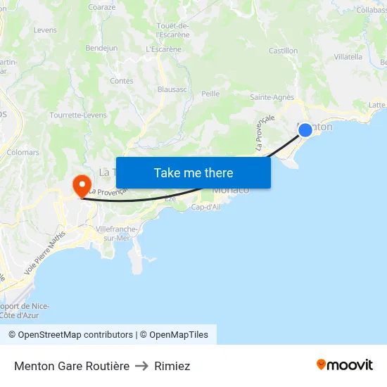 Menton Gare Routière to Rimiez map