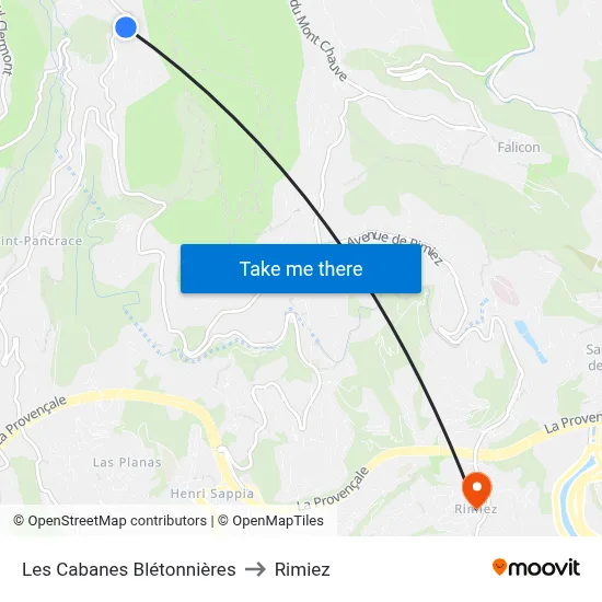 Les Cabanes Blétonnières to Rimiez map