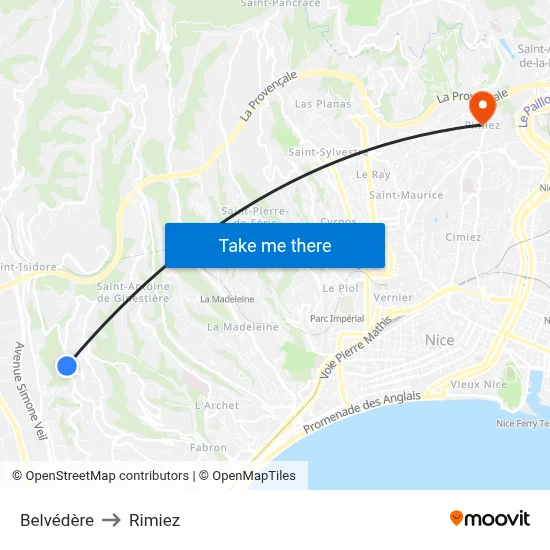 Belvédère to Rimiez map