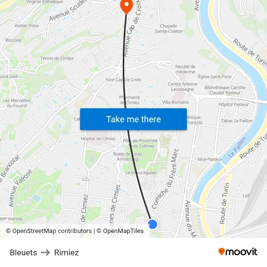 Bleuets to Rimiez map