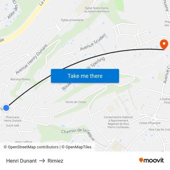 Henri Dunant to Rimiez map