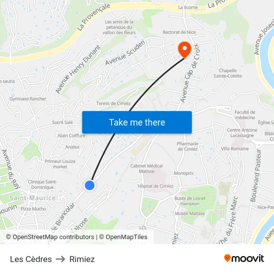 Les Cèdres to Rimiez map