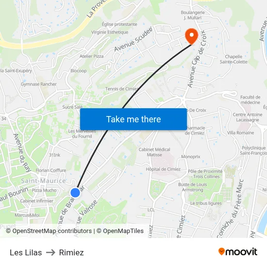 Les Lilas to Rimiez map