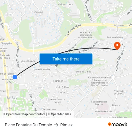 Place Fontaine Du Temple to Rimiez map