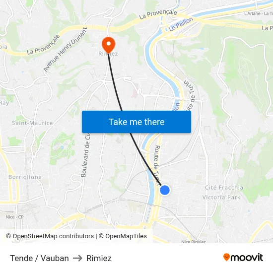 Tende / Vauban to Rimiez map