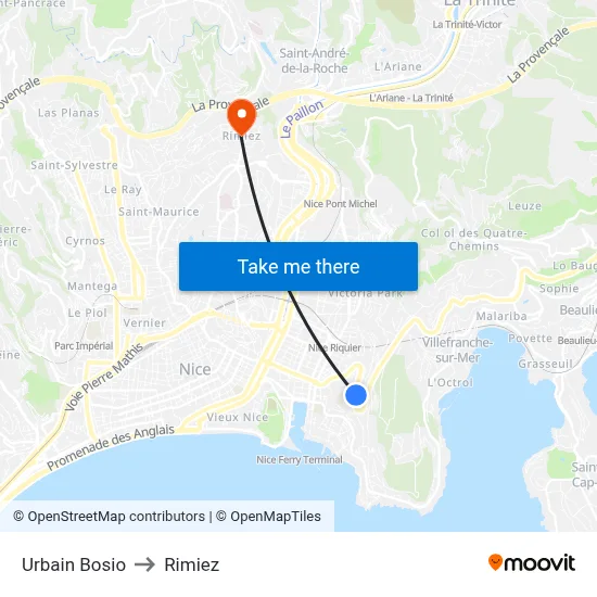 Urbain Bosio to Rimiez map